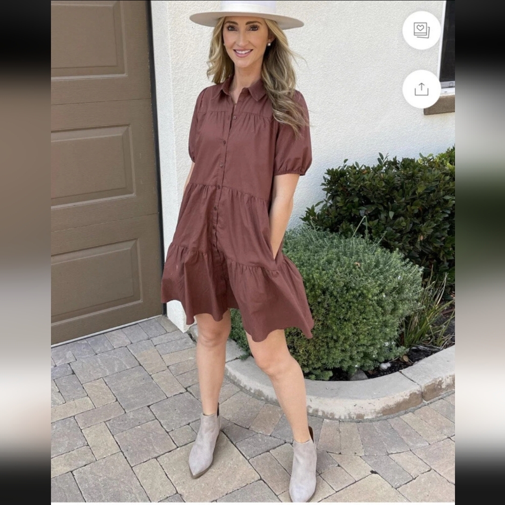 ABERCROMBIE & FITCH brown tiered‎ puff sleeve poplin trapeze mini dress S - Picture 11 of 12